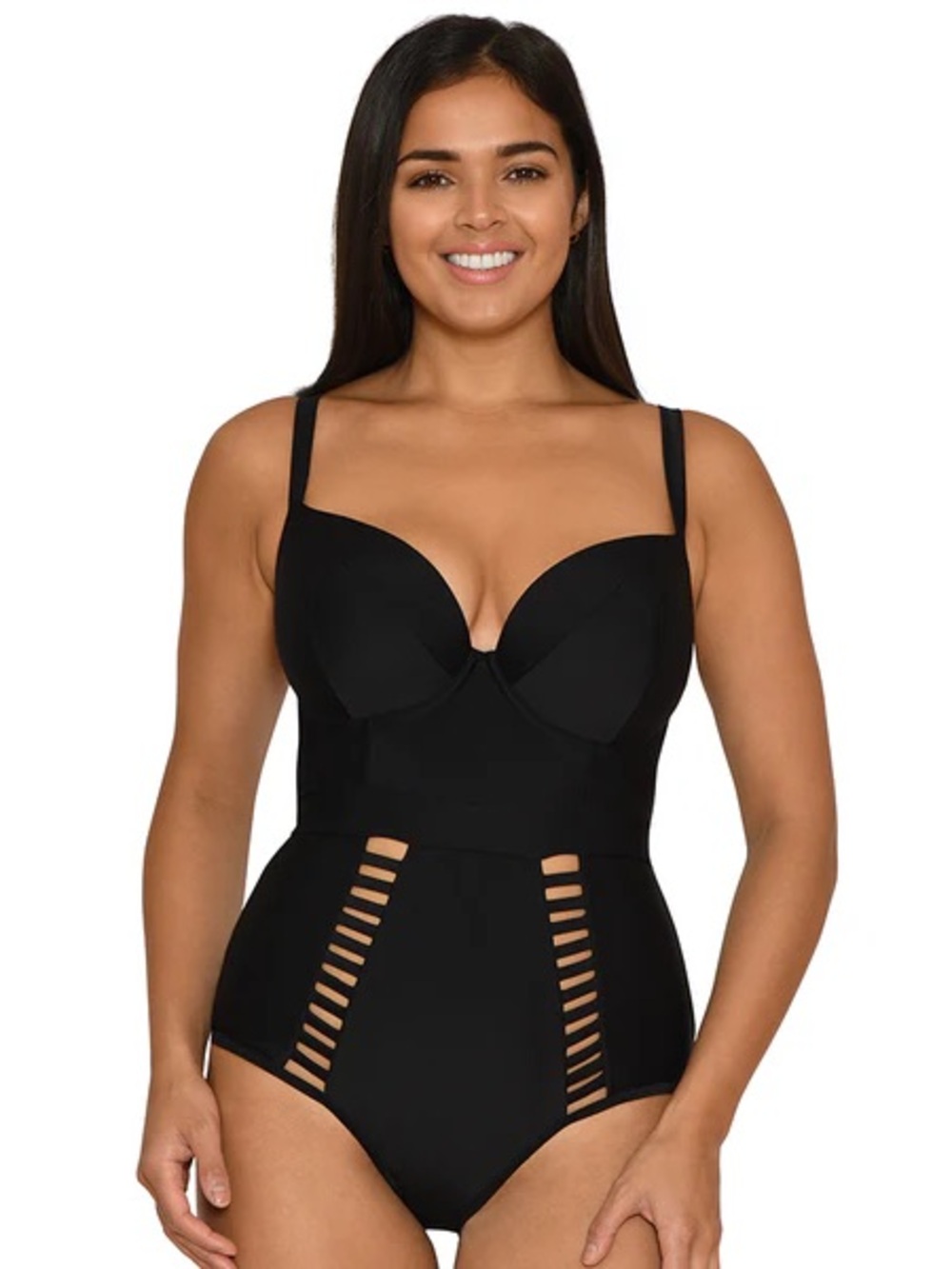 Classic Black One-Piece Bustier Swimsuit with Ladder Detail